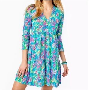 Lilly Pulitzer Teal Floral Mini Dress with Pink & Green Details